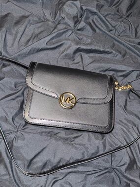Michael Kors Black Leather Crossbody with Gold MK Emblem